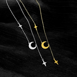 Titanium steel moon and star tassel necklaces in gold and silver finishes for women