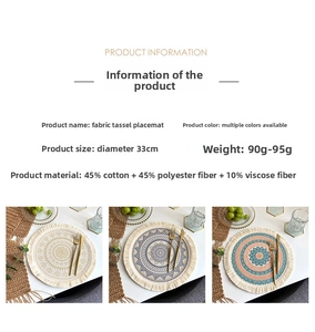 Detail specifications of 33cm woven mandala placemat with cotton fringe and texture info