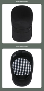 Detail view of cotton flat top cap with Spirit embroidery and plaid lining