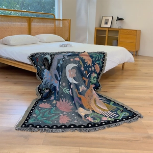 Unicorn bohemian woven blanket with artistic moon pattern and decorative fringe