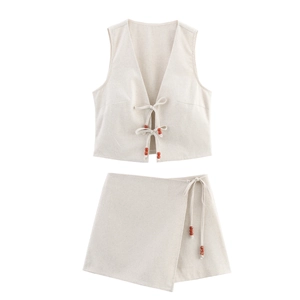 Completo Donna Look Lino Estate Gilet Senza Maniche Scollo V Stringato E Gonna Portafoglio Stile Boho Chic Vacanze