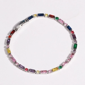 Top view of multicolored step-cut zircon bracelet with silver-tone metal links