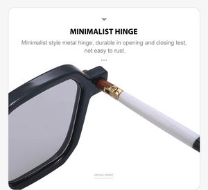 Detail view of durable metal hinges and minimalist frame design for sun glasses