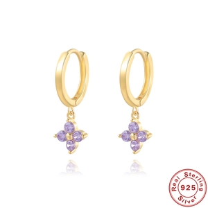 Detailed view of S925 sterling silver four-leaf clover earrings with purple zircon stones
