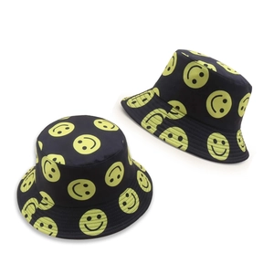 Cappello da pescatore reversibile con motivo smiley giallo e tesa larga da donna