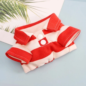 Detail of red and white striped knit pet Polo shirt with button placket and collar