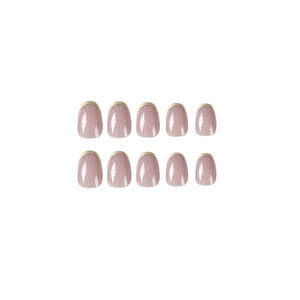 Unghie finte corte tonde lavanda glitterata con punte francesi dorate, set da 10 pezzi