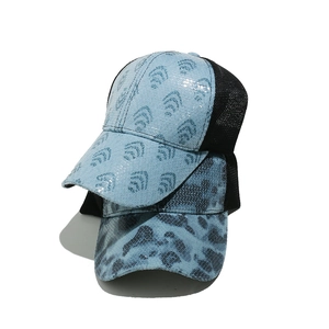 Denim mesh baseball caps with sequins in geometric and leopard patterns for women