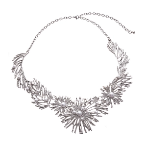 Silver coral-inspired statement necklace with white imitation pearls and intricate metalwork