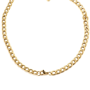 Close-up of golden stainless steel Cuban link chain with a secure lobster clasp