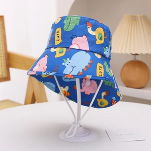 Kids royal blue sun hat with cartoon animal prints and adjustable chin strap