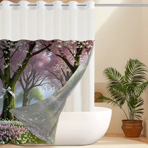 Detail of waterproof shower curtain with rustproof metal grommets and cherry blossom print