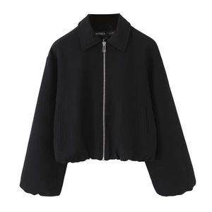 Veste noire décontractée pour femme avec col à revers et fermeture éclair en argent