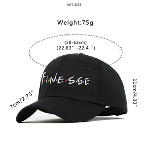 Size chart for Finesse embroidered baseball cap showing 58-62cm head circumference dimensions