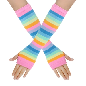 Detail of rainbow striped knit arm warmers with thumb holes and long sleeve texture