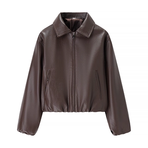 Women's loose dark brown faux leather jacket with classic lapel and zipper closure