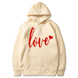 Cream hoodie featuring red Love script and heart print with kangaroo pocket