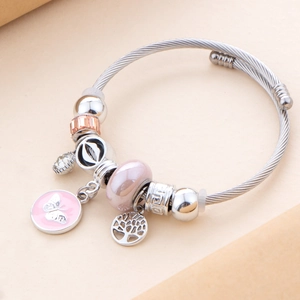 Silver stainless steel charm bracelet with pink crystals and butterfly tree pendant