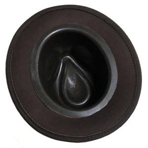 Overhead view of black wide brim felt fedora hat with reinforced stitching and inner crown