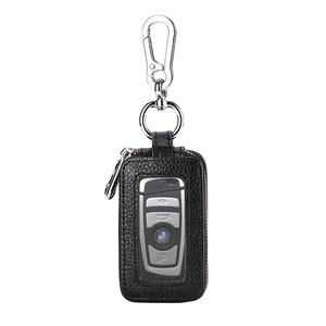 Black litchi grain leather car key case with transparent window and silver swivel hook