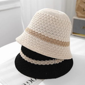 Detail of breathable knitted bucket hats featuring contrast stripes and soft rolled edges