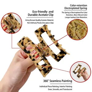 Minimalist acetate hair claw clip with tortoise leopard pattern and gold-plated spring