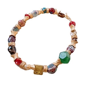 Vintage floral geometric ceramic necklace with multicolor beads and gold metal spacers