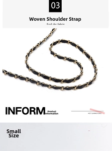 Detail of black leather and gold metal chain woven strap for small woven bags