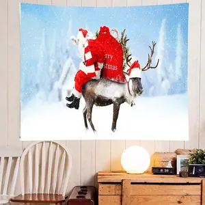 Detail of Christmas tapestry featuring Santa on a reindeer in a snowy forest scene