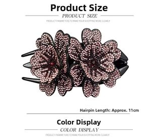 Vue détaillée de la pince à cheveux de 11cm avec fleurs ornées de strass dégradé rose violet