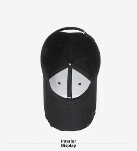 Inside view of black distressed baseball cap with breathable eyelets and metal buckle