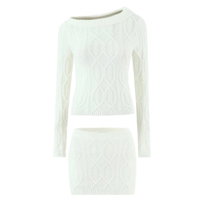 Slim fit cable knit sweater and skirt set in off-white for a trendy two-piece look