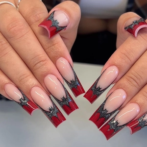 Long Coffin Press On Nails Halloween Bat Pattern Red Black Glitter Gothic Fake Nails For Women