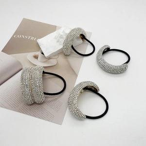 Set of 4 sparkling silver rhinestone U-shaped hair ties with black elastic bands