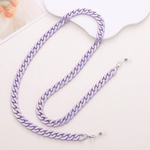 Detailed view of purple acrylic chain link necklace with secure silicone grips for eyewear