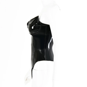 Side view of sexy black PU bodysuit on a white mannequin showing glossy finish and texture