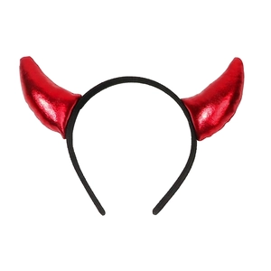 Halloween devil horn headband with shiny red metallic fabric and a black frame