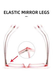 Detailed view of flexible pink transparent glasses frame with durable metal hinges