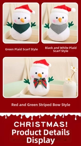 Detailed view of plush Christmas snowmen set with festive scarves and branch arms