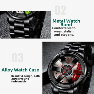 Macro detail of men's wheel rim watch with black metal strap and red brake caliper dial