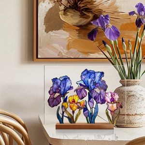 Detailed iris floral pattern on acrylic table ornament with premium wooden base