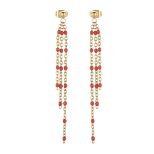 Elegant gold stainless steel drop earrings with red resin beads and triple tassel chains