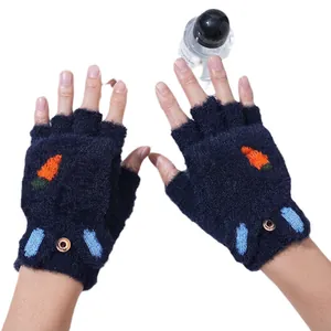 Navy blue knitted flip-top gloves with carrot embroidery and warm fleece lining