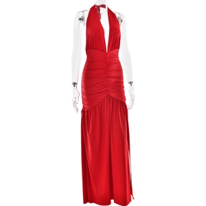 Detail of red glitter V-neck backless evening dress with ruched bodice and side slit
