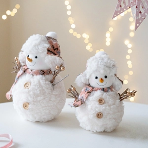 Pink plush knitted snowman doll figurines with wooden buttons and winter accessories