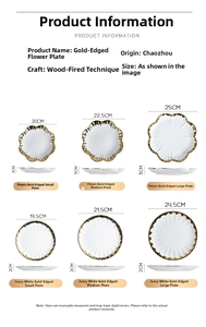 Size chart for petal and ivory ceramic plates with gold rims and various diameters