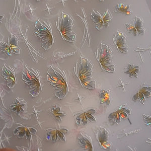 Holographic laser butterfly nail art stickers with stars and summer decorative lines