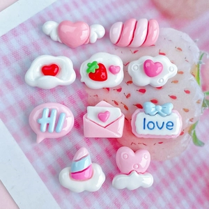 Pink and white resin charms set featuring hearts and clouds for DIY phone case decor