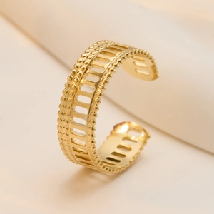 Elegant gold-plated stainless steel open ring with bead edges and hollow geometric patterns