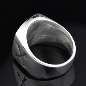 Men's silver stainless steel signet ring featuring side star engraving and matte texture